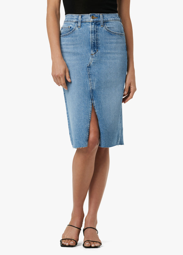 Jas Mid Wash Mid Waist Denim Midi Skirt – Beginning Boutique US